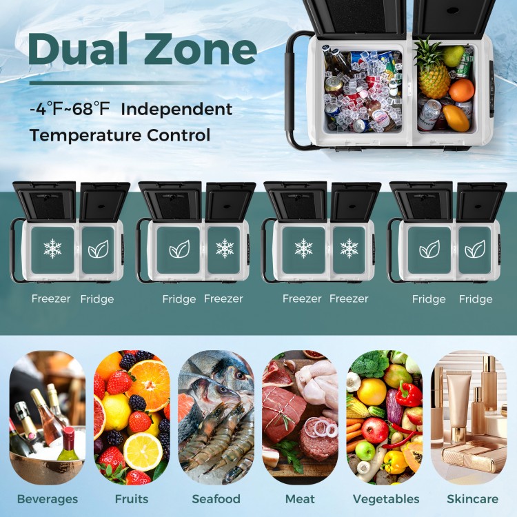 Dual Zone 12V 42QT car refrigerator in black, featuring independent temperature control and portable design for travel.